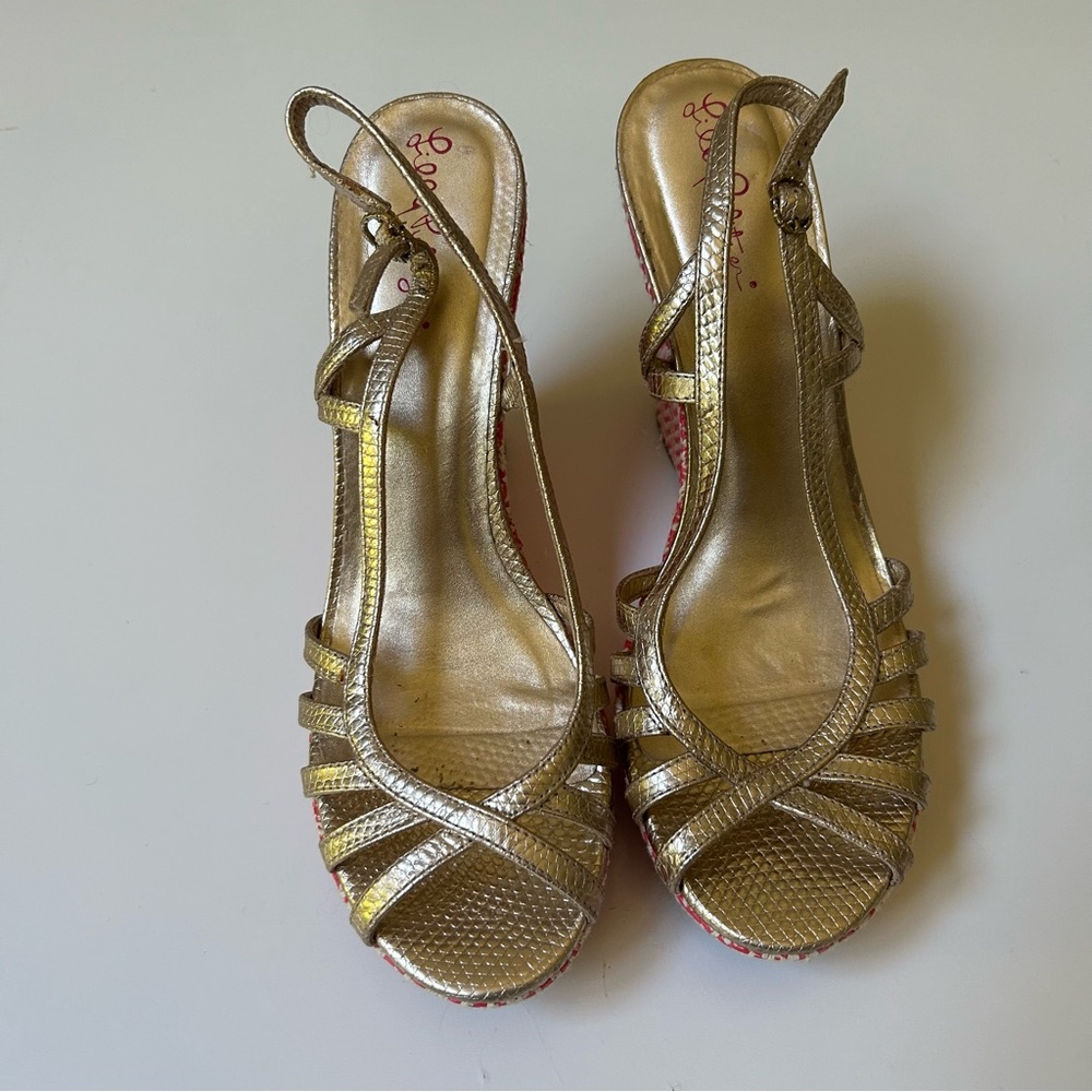 Lilly Pulitzer Shoes Womens 9.5 Gold Leather Wedge Heels Peep Toe Sandals